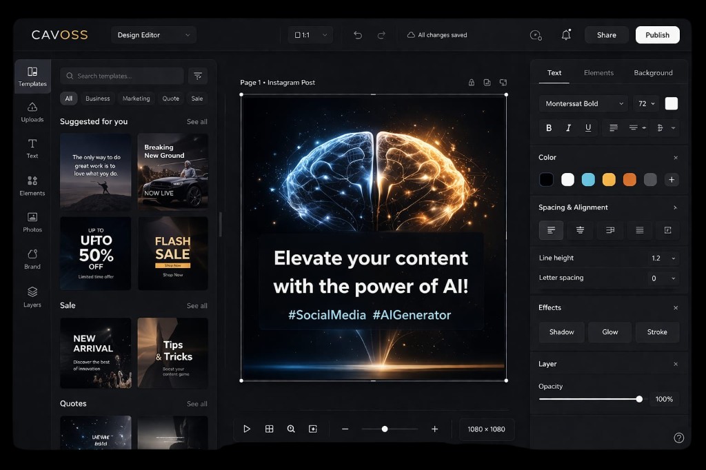 Cavoss design editor: template library, canvas with an AI-themed Instagram post, and text properties panel.