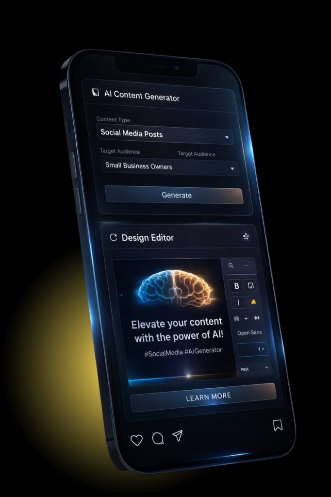 Mobile app showing AI Content Generator and Design Editor with a brain graphic post and editing tools.